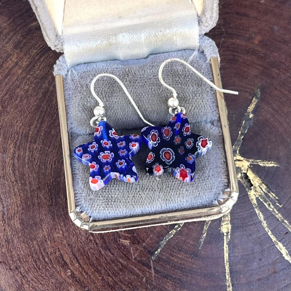 Millefiori Murano Glass Earrings Star Dangle Art Jewelry